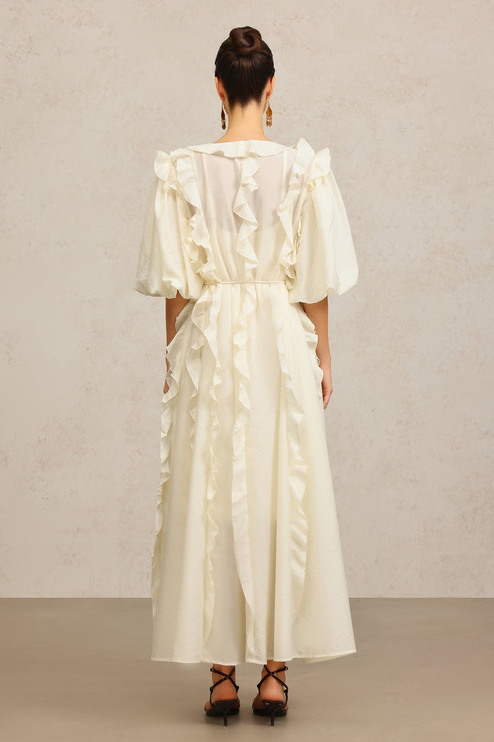 Wika V-Neck Elbow Sleeves Folds Beige Maxi Dress
