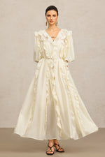 Load image into Gallery viewer, Wika V-Neck Elbow Sleeves Folds Beige Maxi Dress