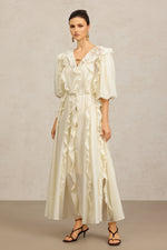 Load image into Gallery viewer, Wika V-Neck Elbow Sleeves Folds Beige Maxi Dress