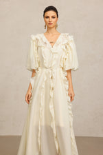 Load image into Gallery viewer, Wika V-Neck Elbow Sleeves Folds Beige Maxi Dress