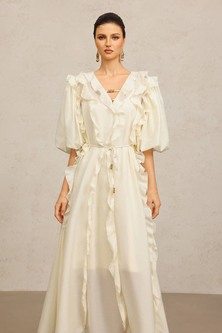 Wika V-Neck Elbow Sleeves Folds Beige Maxi Dress