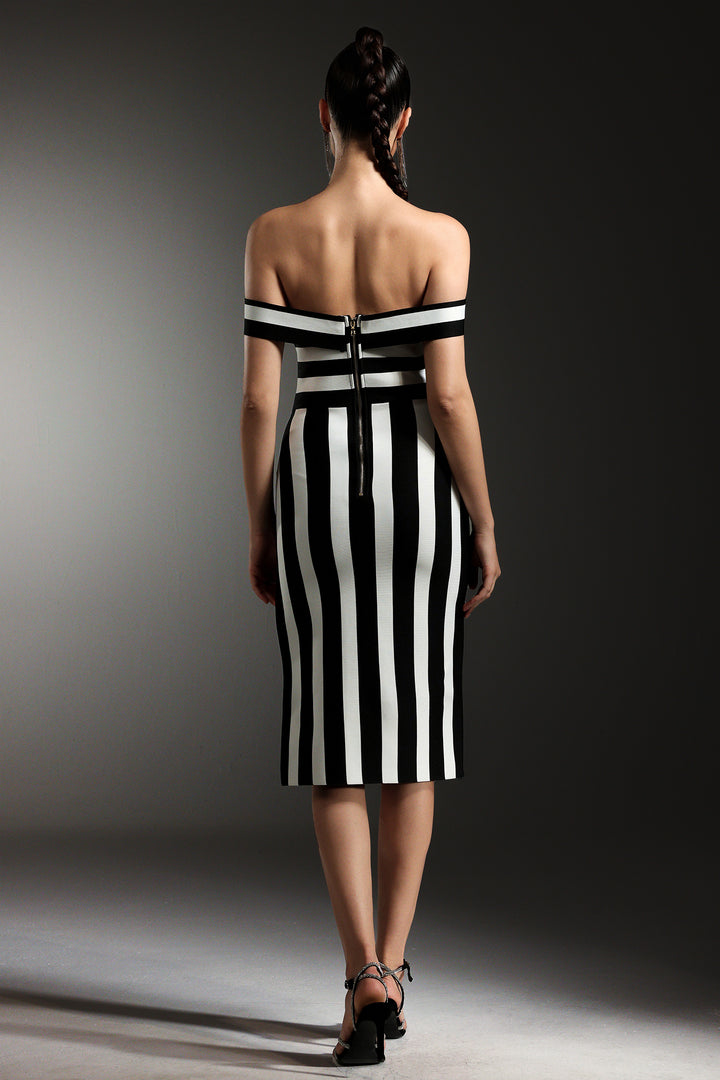 Perly Off The Shoulder Sleeveless Stripes Slit Bandage Maxi Dress