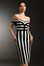 Load image into Gallery viewer, Perly Off The Shoulder Sleeveless Stripes Slit Bandage Maxi Dress