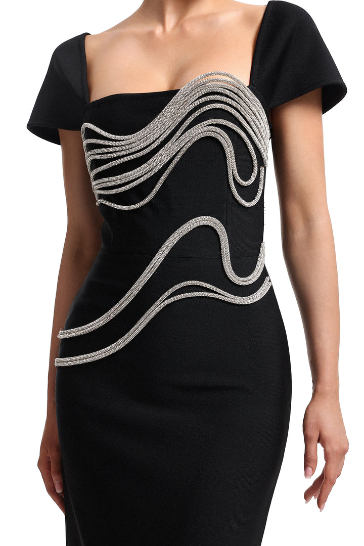 Vako Low Neck Rhinestone Bandage Maxi Dress