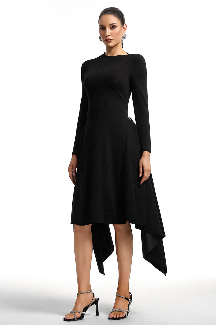 Robe midi noire Sylvia à manches longues