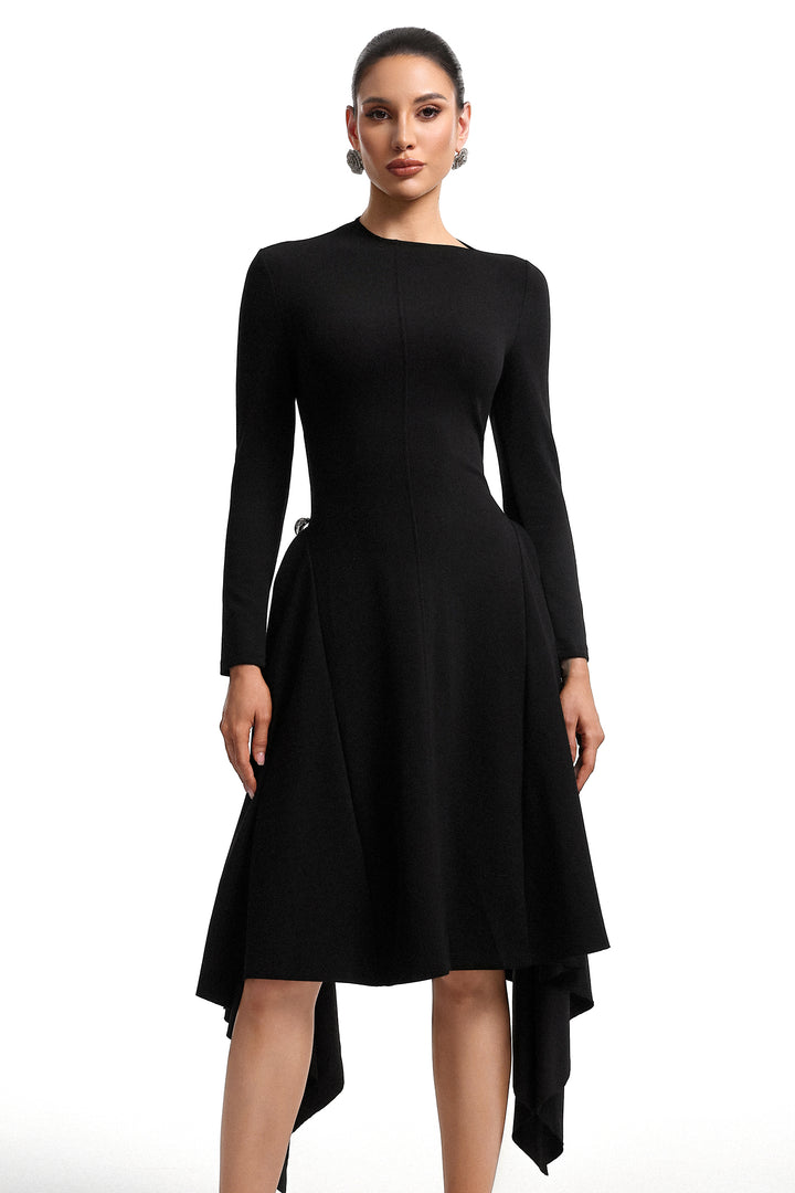 Robe midi noire Sylvia à manches longues