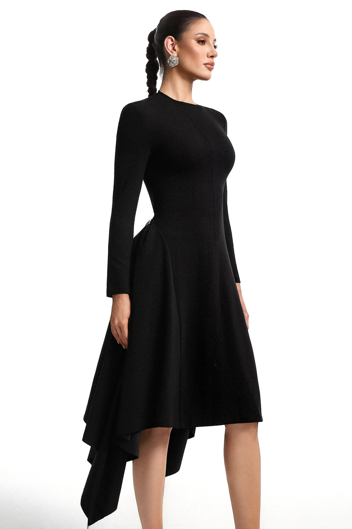 Robe midi noire Sylvia à manches longues