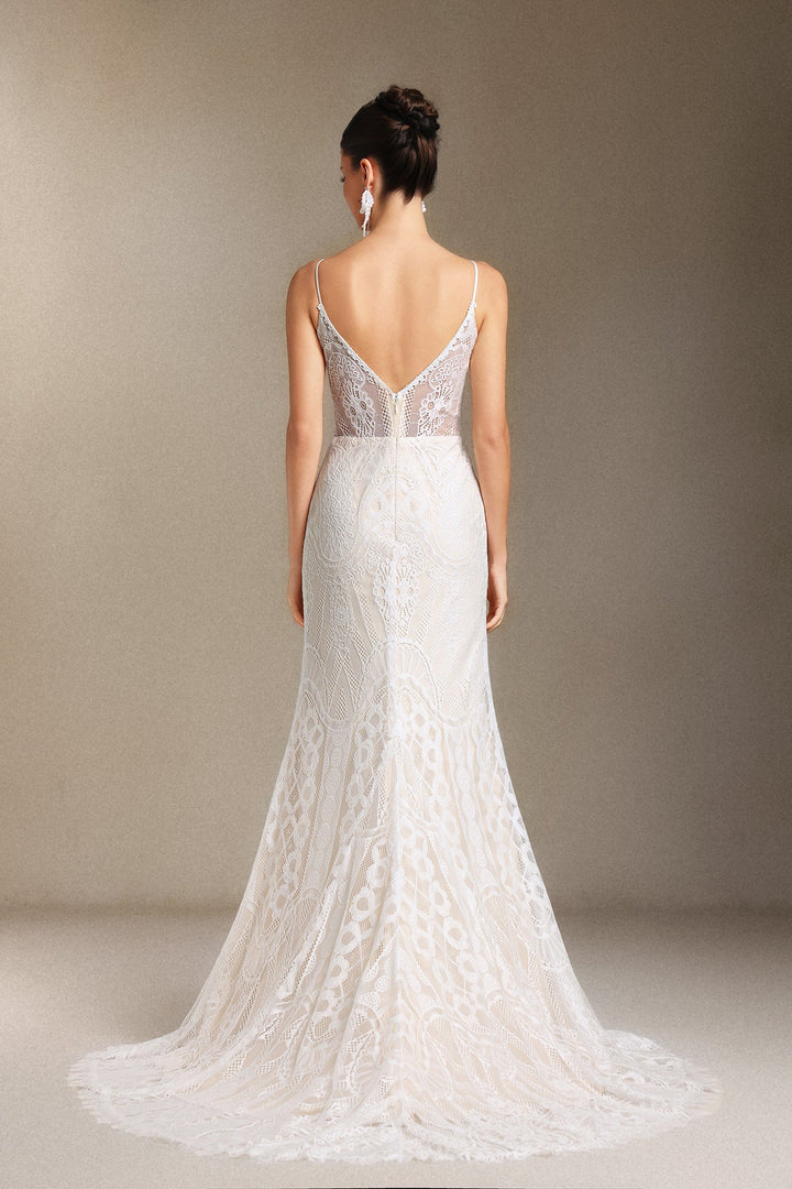 Vallea Lace V-neck Backless Slit Trailing maxi dress
