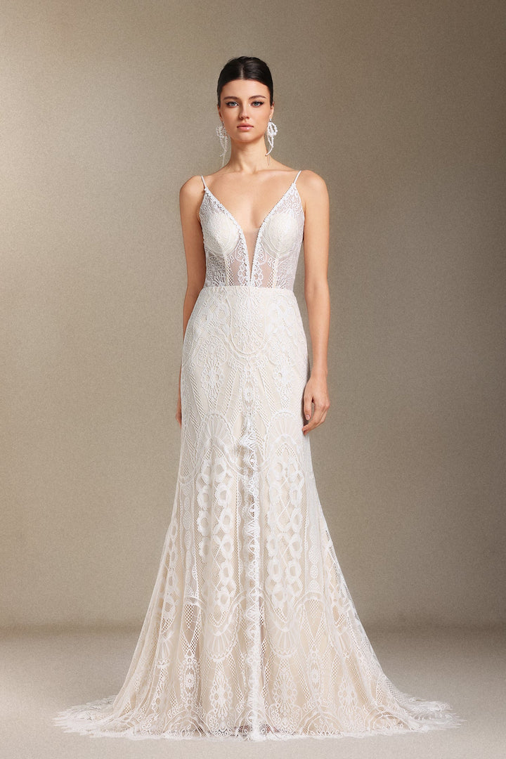 Vallea Lace V-neck Backless Slit Trailing maxi dress