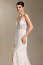 Load image into Gallery viewer, Vallea Lace V-neck Backless Slit Trailing maxi dress