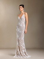 Load image into Gallery viewer, Thea Sling V-neck Sequins Lace maxi wedding dress