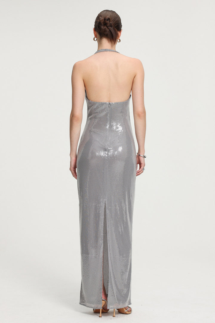 Sequined Halter V-neck Maxi Dress