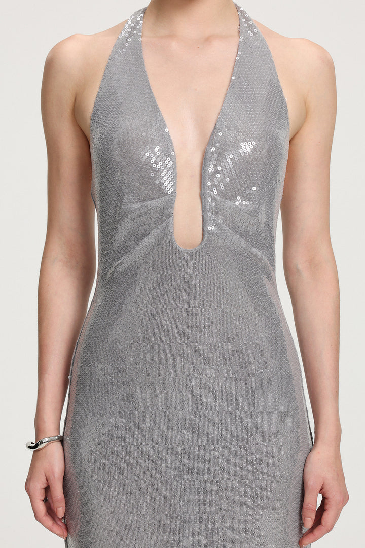 Sequined Halter V-neck Maxi Dress