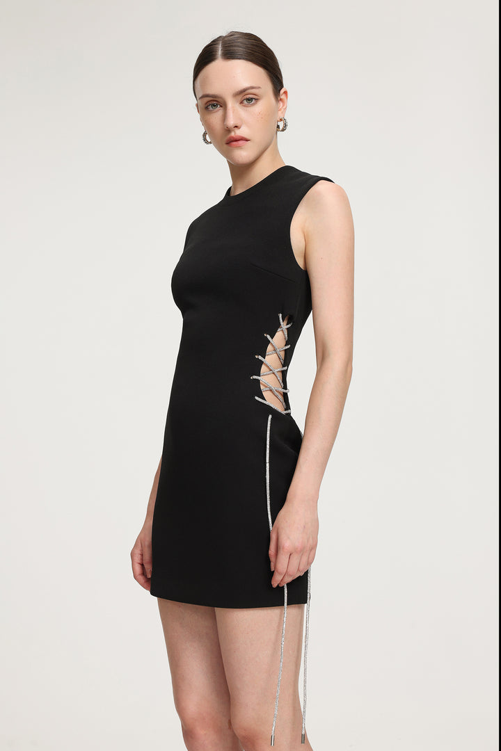 Rhinestone-Lace-Up Crepe Mini Dress