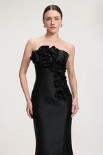 Load image into Gallery viewer, 3D Floral - Embellished Strapless Satin Mermaid Maxi Dress