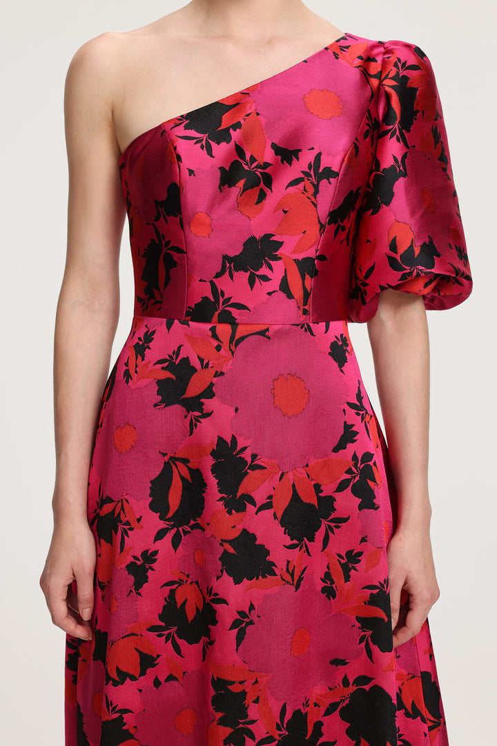 Floral-Printed One-Shoulder Satin Maxi Dress