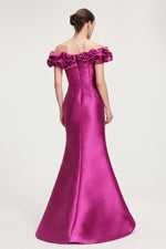 Load image into Gallery viewer, Rose-Embellished Satin Off-Shoulder Maxi Dress