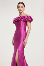 Load image into Gallery viewer, Rose-Embellished Satin Off-Shoulder Maxi Dress