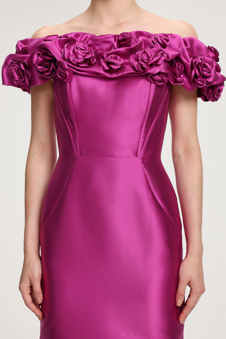 Rose-Embellished Satin Off-Shoulder Maxi Dress