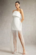 Load image into Gallery viewer, Taye Strapless Fringe Mini Dress
