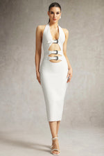 Load image into Gallery viewer, Viane Halter Cut Out Metal Buckle Bandage Midi Dress