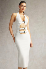 Load image into Gallery viewer, Viane Halter Cut Out Metal Buckle Bandage Midi Dress