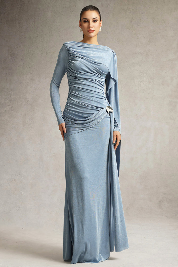 Tihila Maxikleid mit langen Ärmeln und Raffungen in Blau