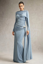 Lade Bild in die Galerieansicht, Tihila Maxikleid mit langen Ärmeln und Raffungen in Blau