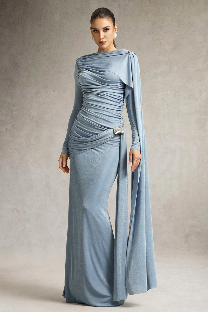 Tihila Maxikleid mit langen Ärmeln und Raffungen in Blau