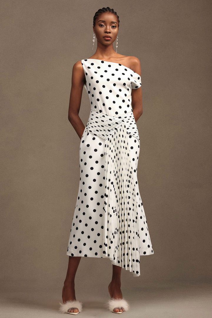 Hutuny Polka Dot One Shoulder Fold Maxi Dress
