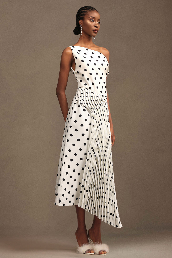 Hutuny Polka Dot One Shoulder Fold Maxi Dress