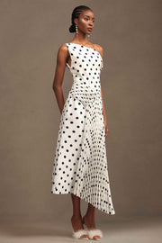 Hutuny Polka Dot One Shoulder Fold Maxi Dress