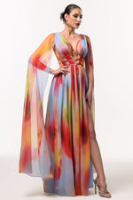 Load image into Gallery viewer, Zelda Sexy Flowy V Neck Cape Sleeve Abstract Print Maxi Dress
