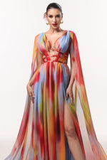 Load image into Gallery viewer, Zelda Sexy Flowy V Neck Cape Sleeve Abstract Print Maxi Dress