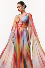Load image into Gallery viewer, Zelda Sexy Flowy V Neck Cape Sleeve Abstract Print Maxi Dress
