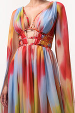 Load image into Gallery viewer, Zelda Sexy Flowy V Neck Cape Sleeve Abstract Print Maxi Dress