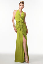 Load image into Gallery viewer, Jalila Sexy Contour V Neck Ruched Knot Slit Knit Maxi Dress