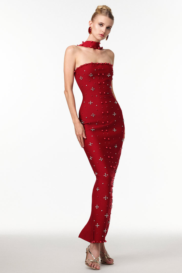 Robe longue moulante sans manches Nesya couleur lie-de-vin à perles