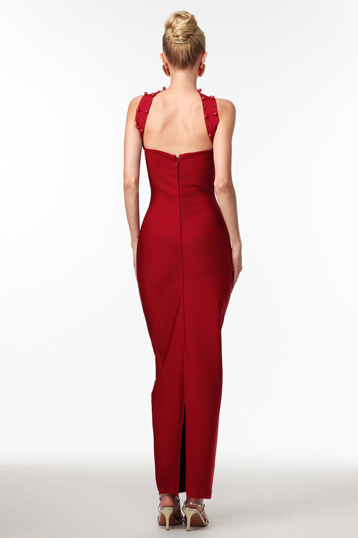 Robe longue moulante sans manches Nesya couleur lie-de-vin à perles
