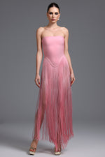Load image into Gallery viewer, Valentina Strapless Pink Fringe Dress