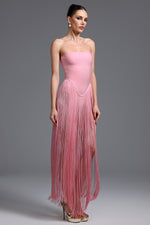 Load image into Gallery viewer, Valentina Strapless Pink Fringe Dress