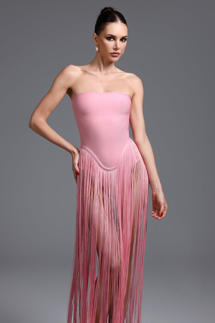 Valentina Strapless Pink Fringe Dress