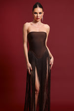 Load image into Gallery viewer, Valentina Strapless Brown Fringe Dress