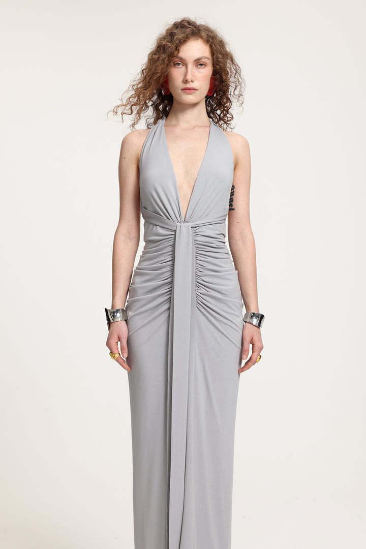 Plunge Neck Ruched Holder Maxi Dress