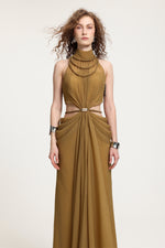 Load image into Gallery viewer, High-Neck Braided Cut-Out Draped Chiffon Maxi Dress