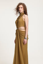 Load image into Gallery viewer, High-Neck Braided Cut-Out Draped Chiffon Maxi Dress