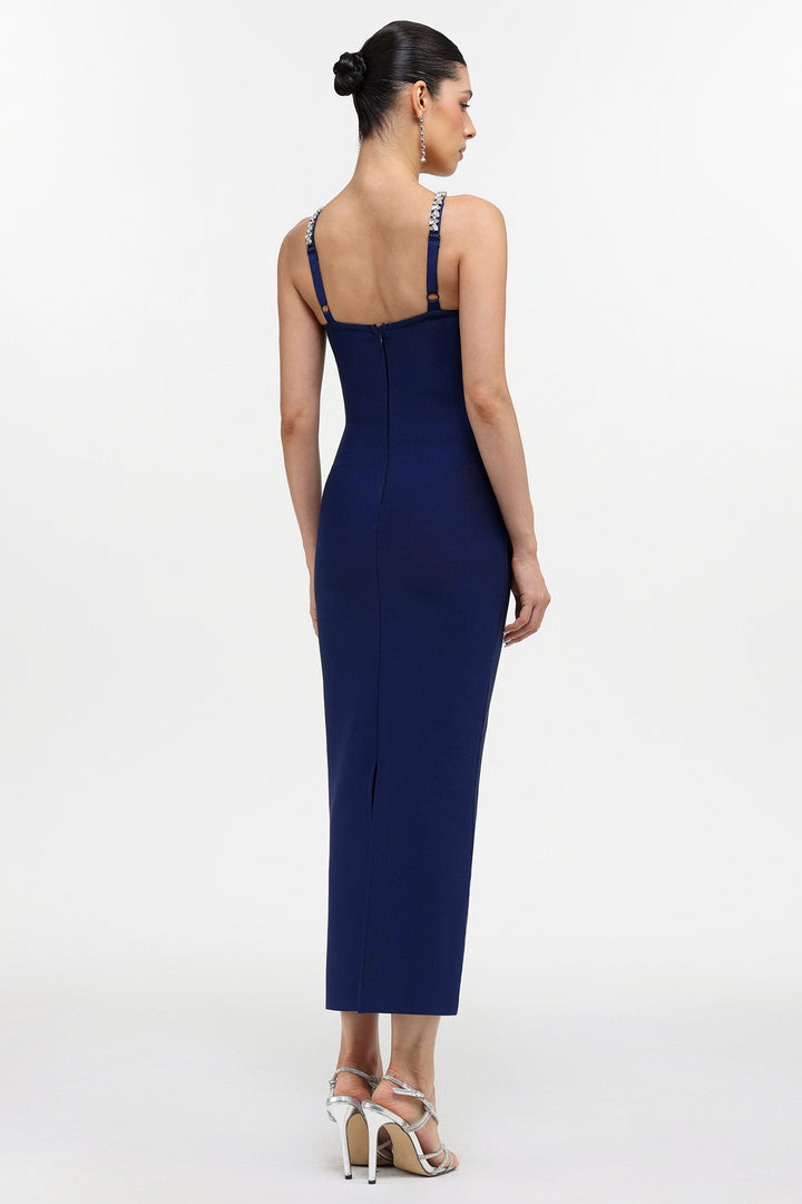 Robe longue gainante moulante bleue Kailani Classic Contour à licou et strass