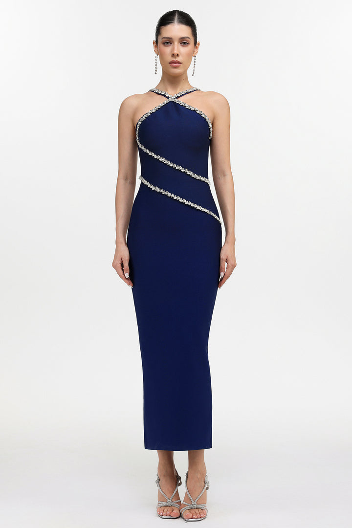 Robe longue gainante moulante bleue Kailani Classic Contour à licou et strass