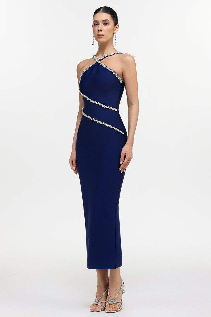 Robe longue gainante moulante bleue Kailani Classic Contour à licou et strass