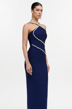Charger l'image dans la visionneuse de la Galerie, Robe longue gainante moulante bleue Kailani Classic Contour à licou et strass
